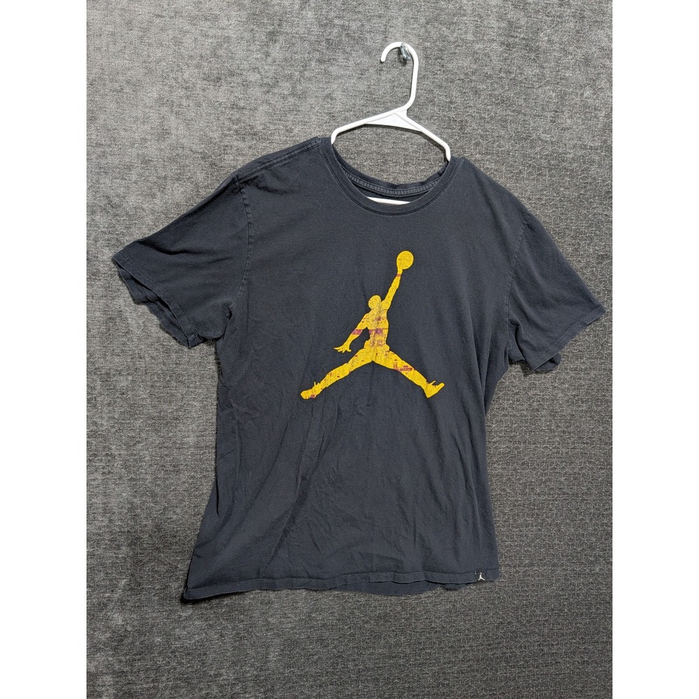 Jordan Brand Mens XL Black T-Shirt Yellow Distressed Jumpman Logo Tee 1212